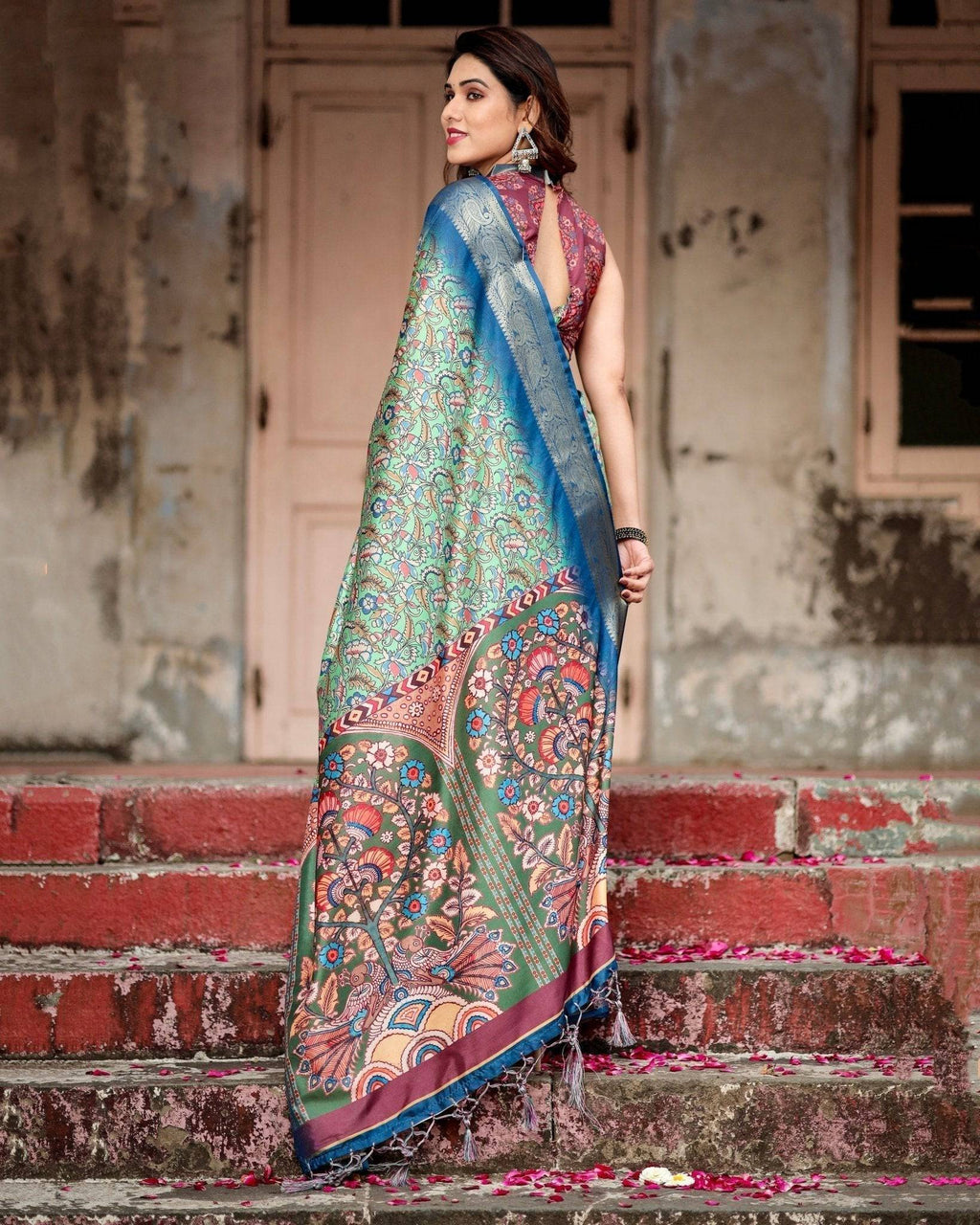Majestic Blue and Green Digital Print Saree with Intricate Floral Motifs and Contrasting Pallu DIGITAL PRINT