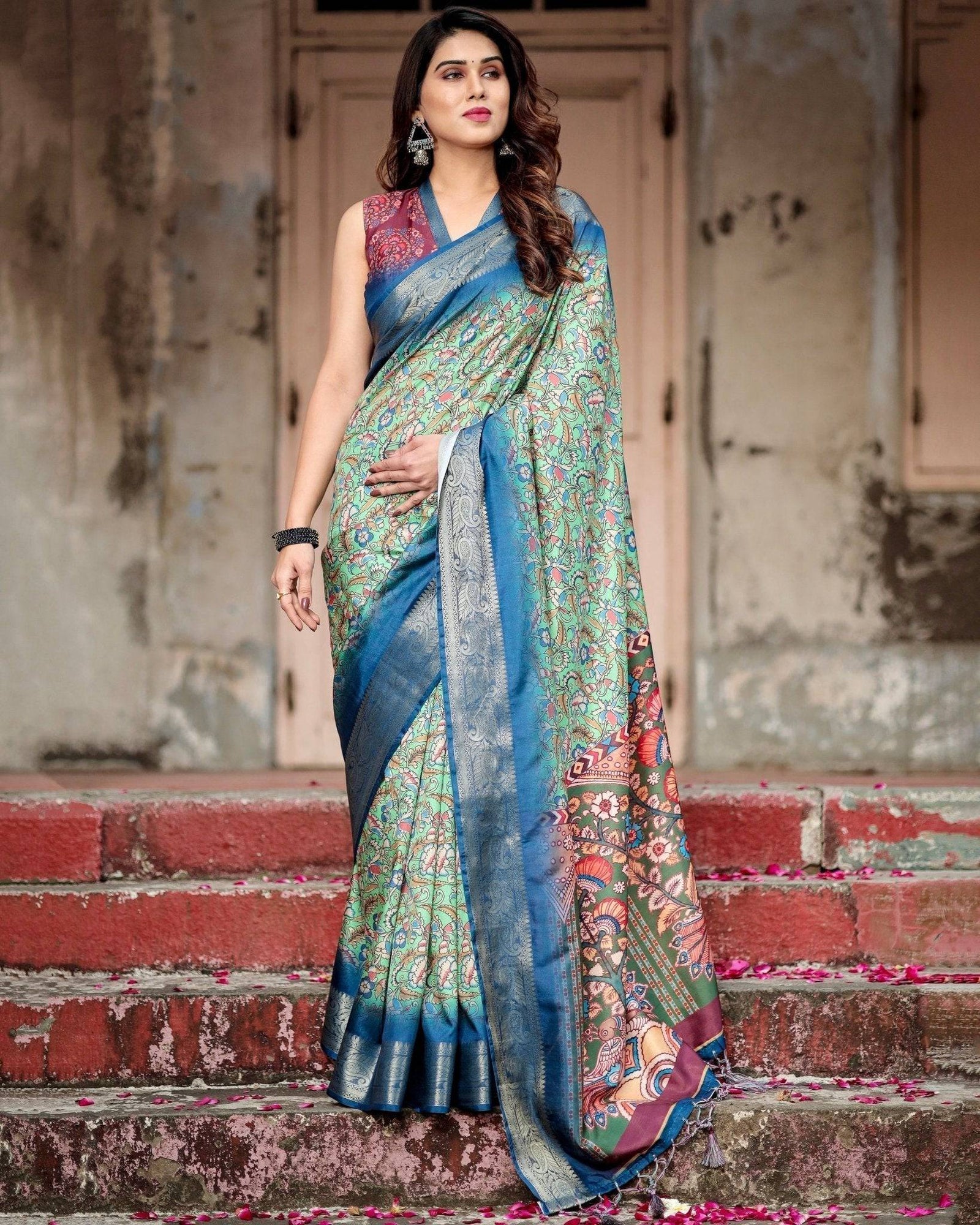 Majestic Blue and Green Digital Print Saree with Intricate Floral Motifs and Contrasting Pallu DIGITAL PRINT