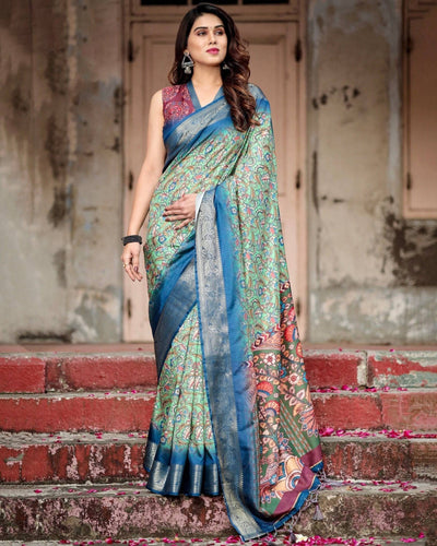 Majestic Blue and Green Digital Print Saree with Intricate Floral Motifs and Contrasting Pallu DIGITAL PRINT