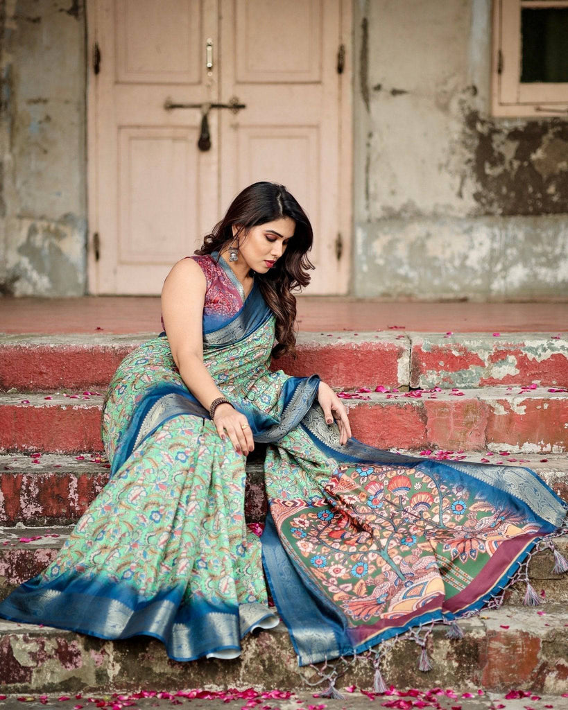 Majestic Blue and Green Digital Print Saree with Intricate Floral Motifs and Contrasting Pallu DIGITAL PRINT