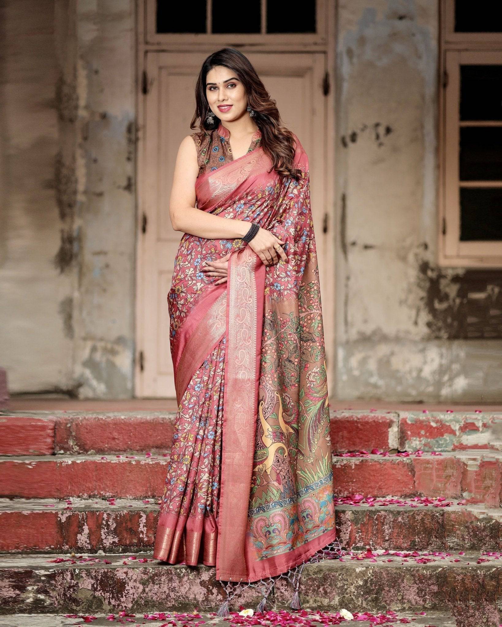 Rich Maroon Digital Print Saree with Antique Floral Design and Elegant Tassels Secondary image