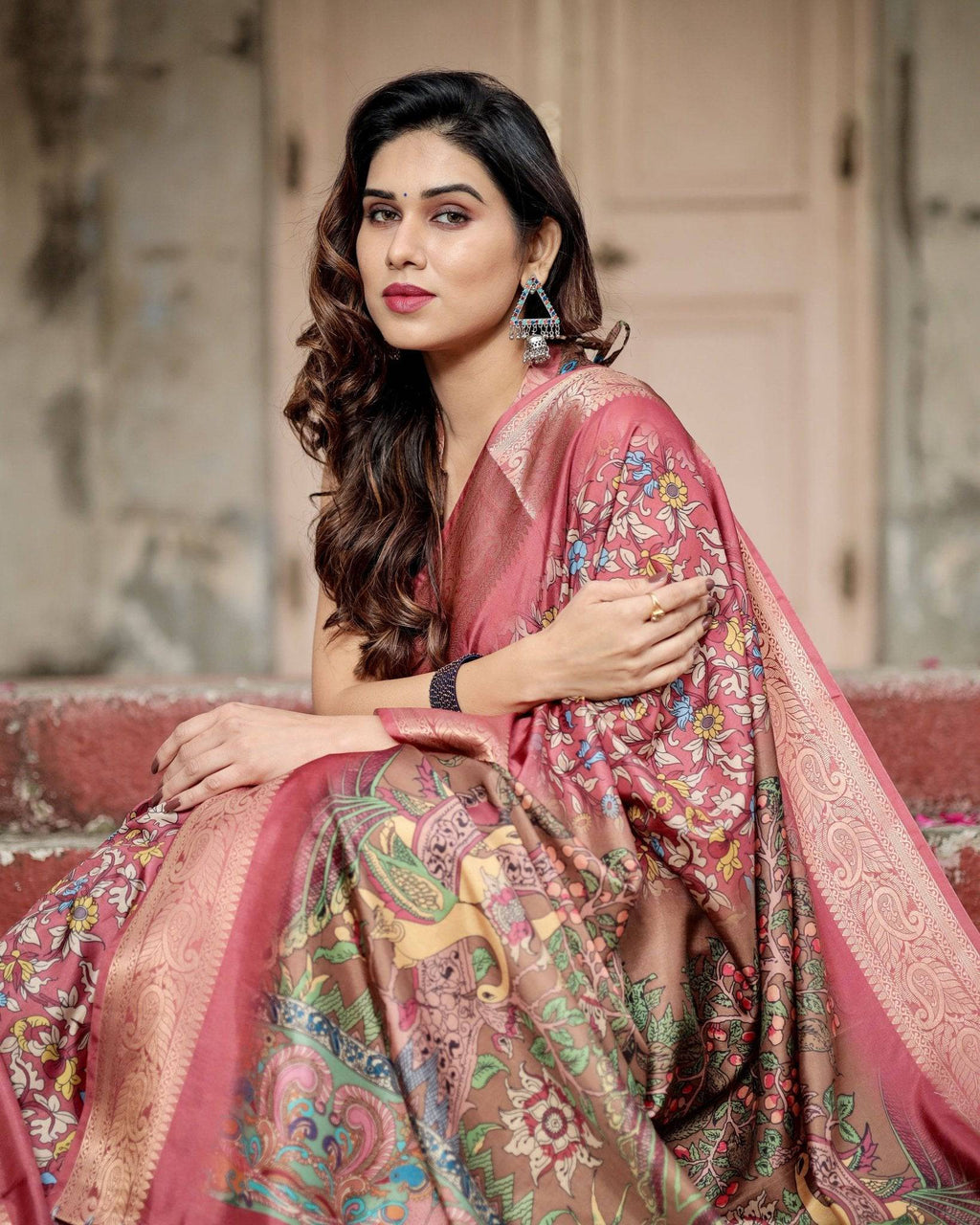 Rich Maroon Digital Print Saree with Antique Floral Design and Elegant Tassels DIGITAL PRINT