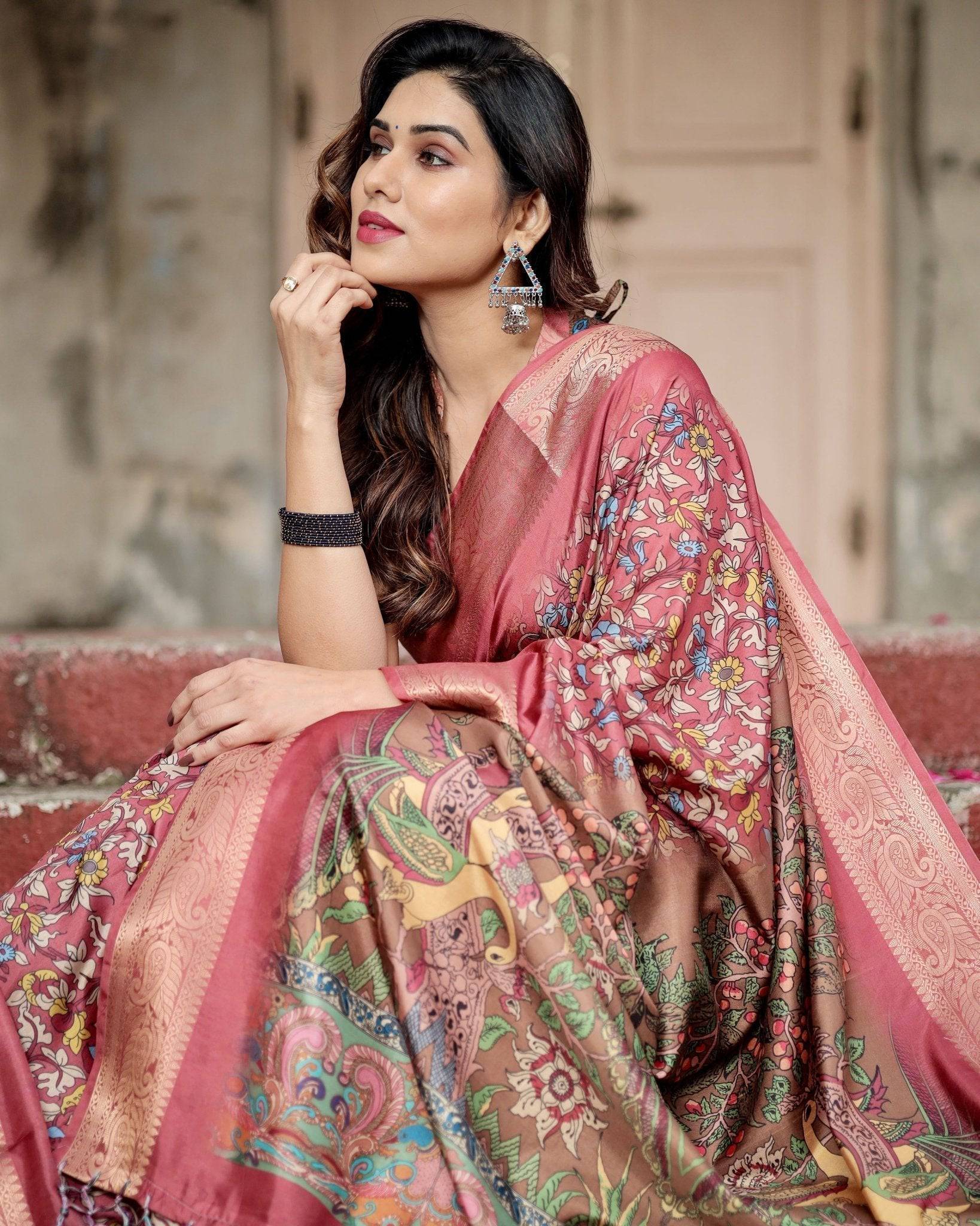 Rich Maroon Digital Print Saree with Antique Floral Design and Elegant Tassels DIGITAL PRINT