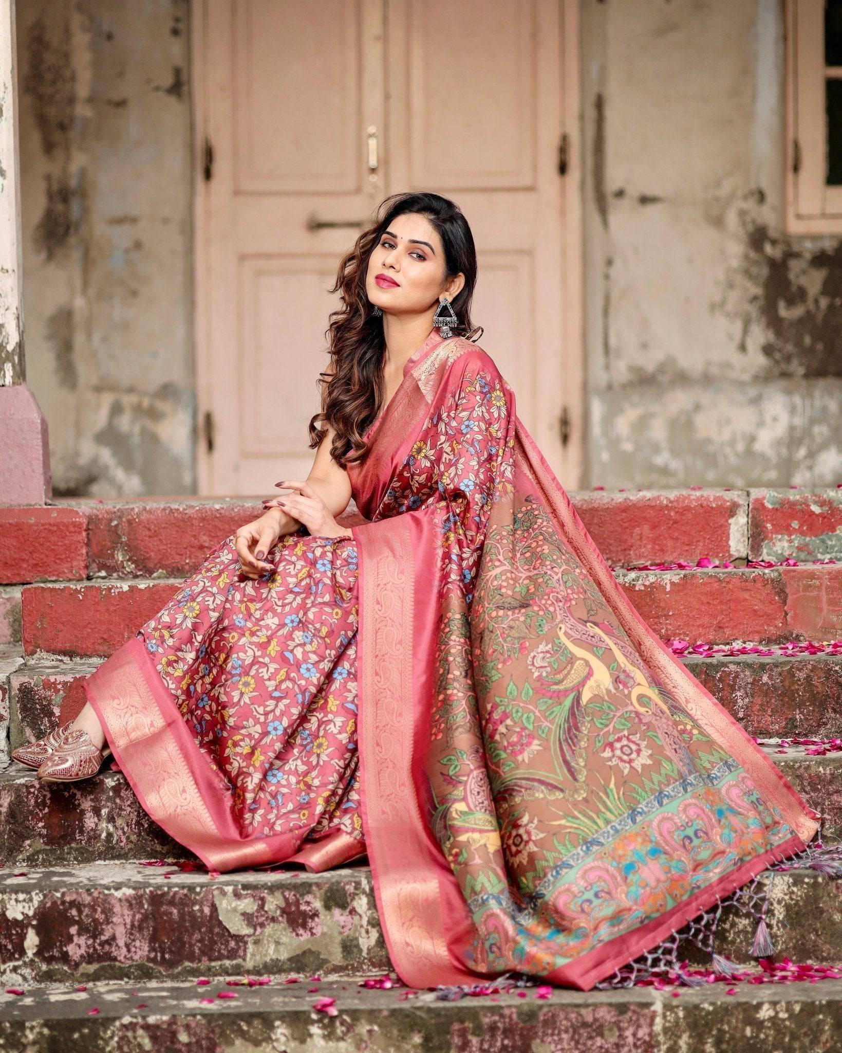 Rich Maroon Digital Print Saree with Antique Floral Design and Elegant Tassels DIGITAL PRINT