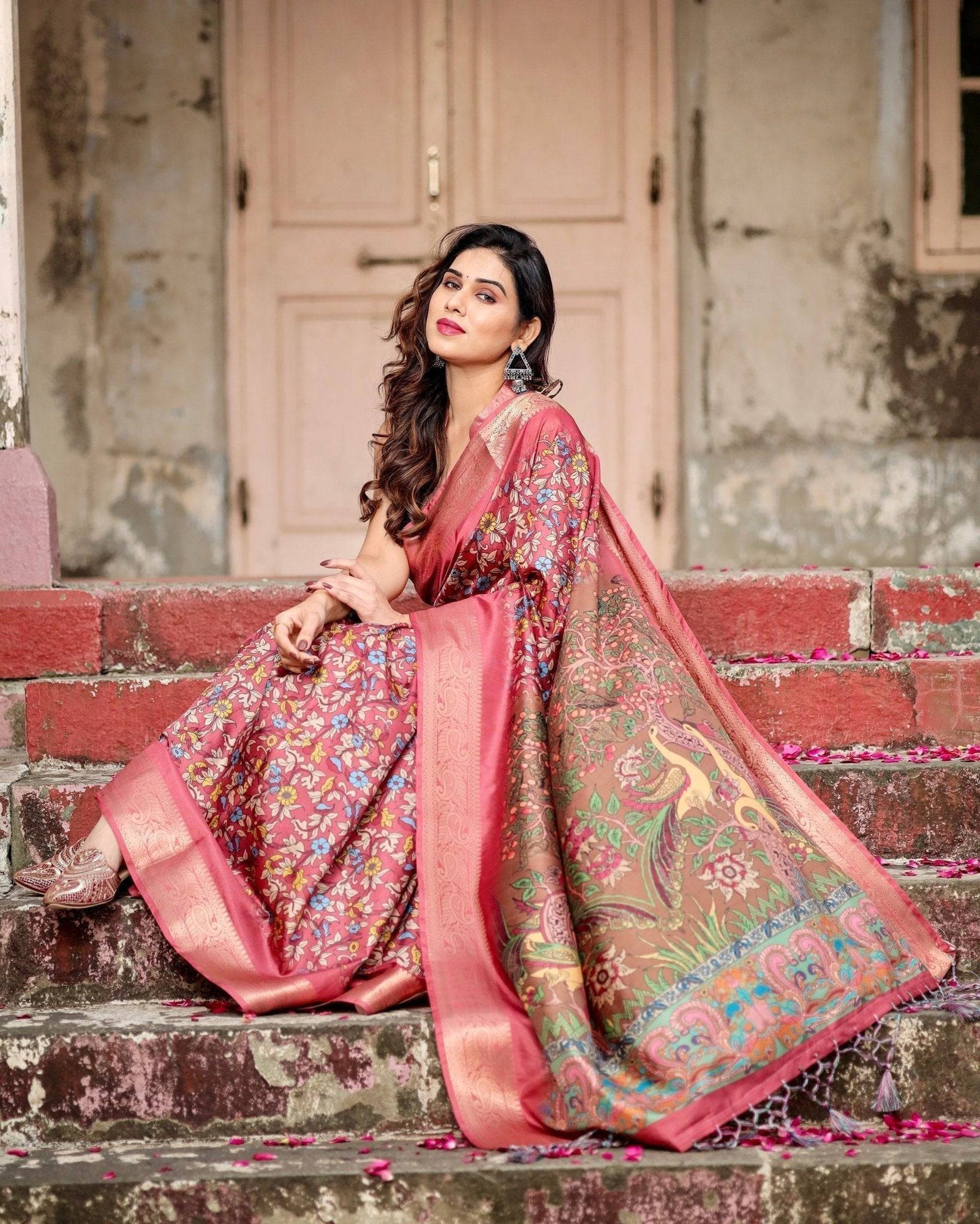 Rich Maroon Digital Print Saree with Antique Floral Design and Elegant Tassels DIGITAL PRINT