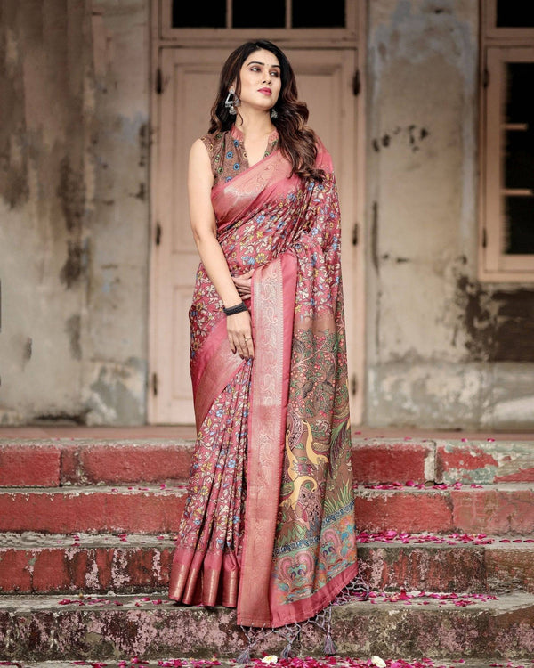 Rich Maroon Digital Print Saree with Antique Floral Design and Elegant Tassels DIGITAL PRINT