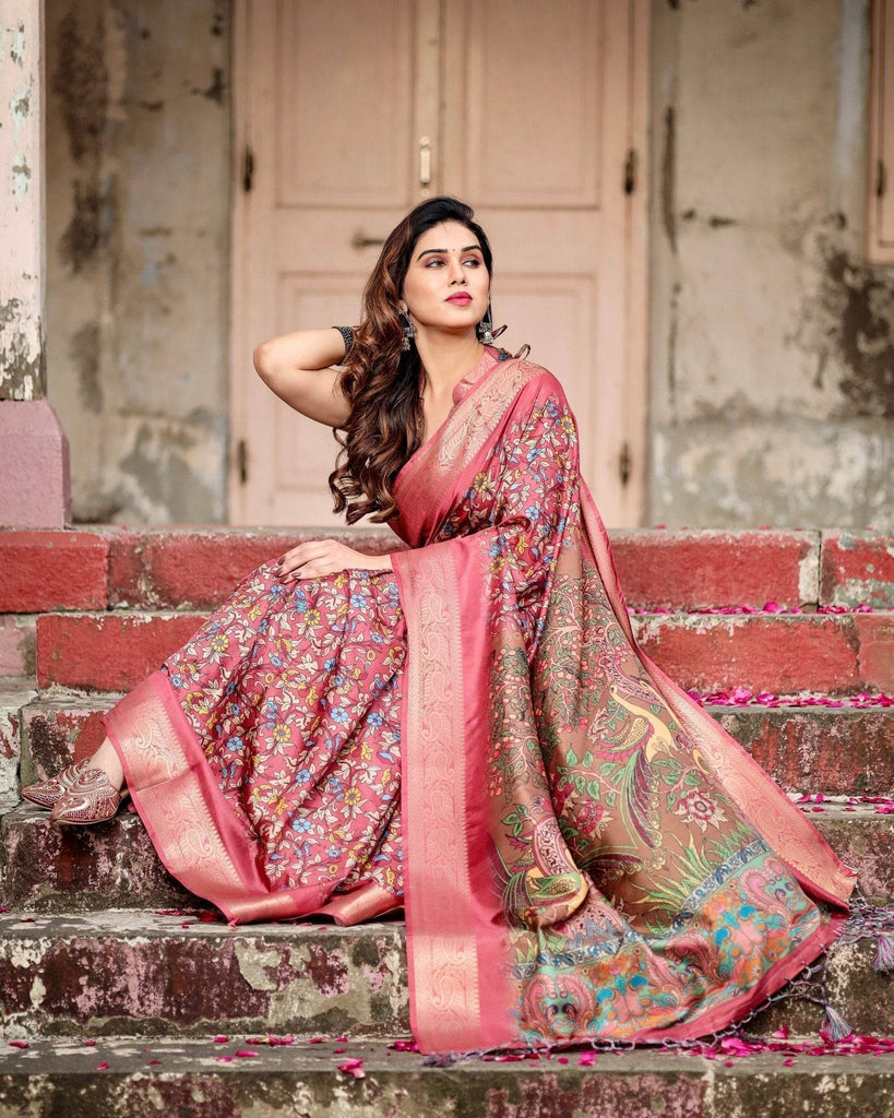 Rich Maroon Digital Print Saree with Antique Floral Design and Elegant Tassels DIGITAL PRINT
