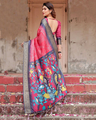 Crimson Red Tussar Silk Saree with Bandhani Patterns, Zari Border, and Vibrant Artistic Pallu DIGITAL PRINT
