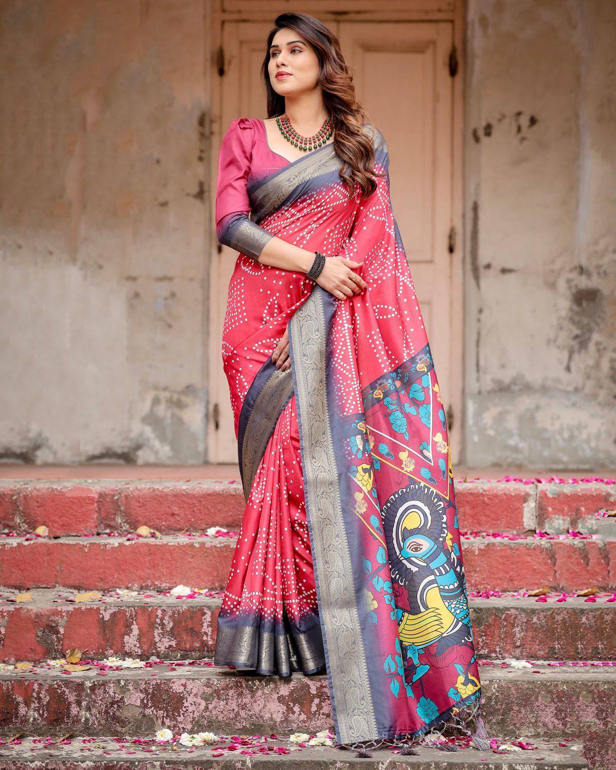 Crimson Red Tussar Silk Saree with Bandhani Patterns, Zari Border, and Vibrant Artistic Pallu Secondary image