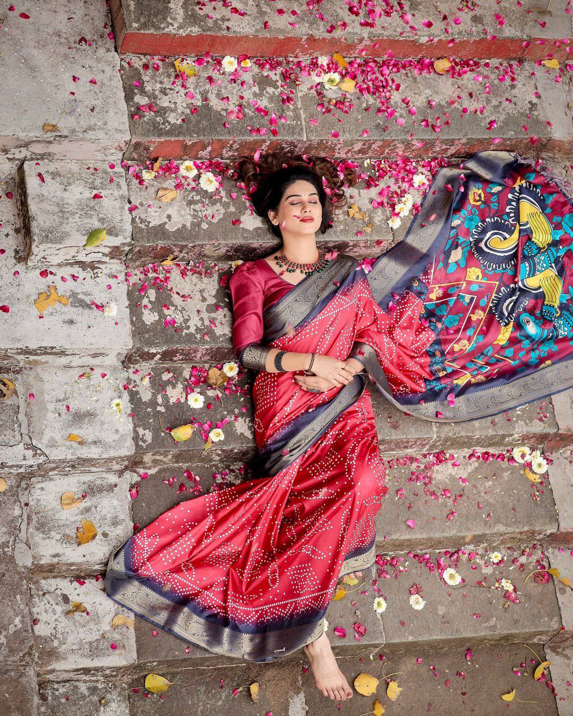 Crimson Red Tussar Silk Saree with Bandhani Patterns, Zari Border, and Vibrant Artistic Pallu DIGITAL PRINT