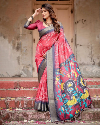 Crimson Red Tussar Silk Saree with Bandhani Patterns, Zari Border, and Vibrant Artistic Pallu DIGITAL PRINT