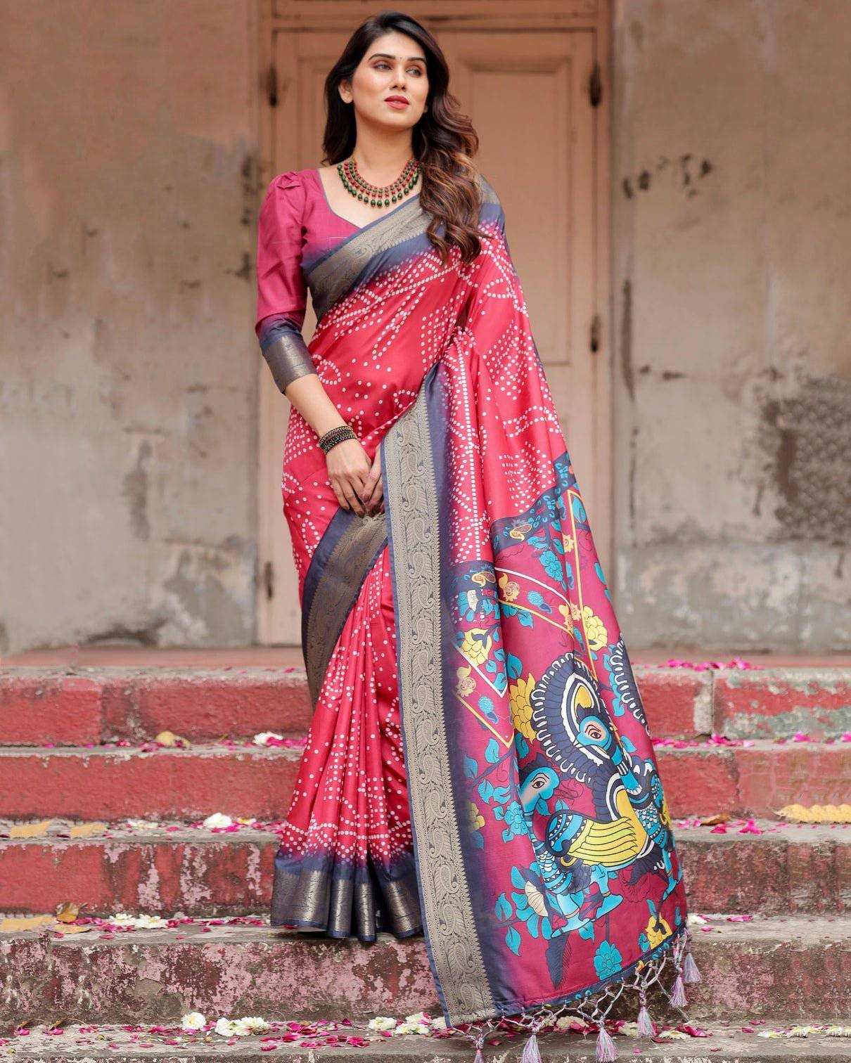 Crimson Red Tussar Silk Saree with Bandhani Patterns, Zari Border, and Vibrant Artistic Pallu DIGITAL PRINT