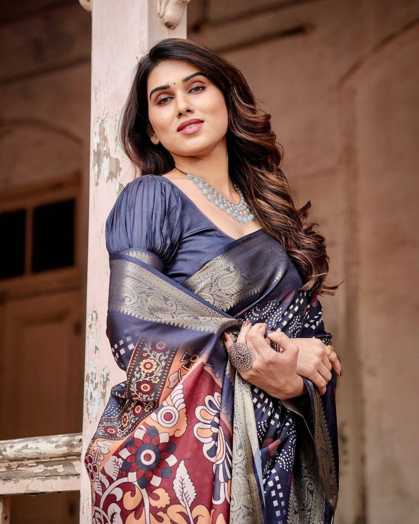 Navy Blue Tussar Silk Saree with Geometric Patterns, Zari Border, and Vibrant Pallu DIGITAL PRINT
