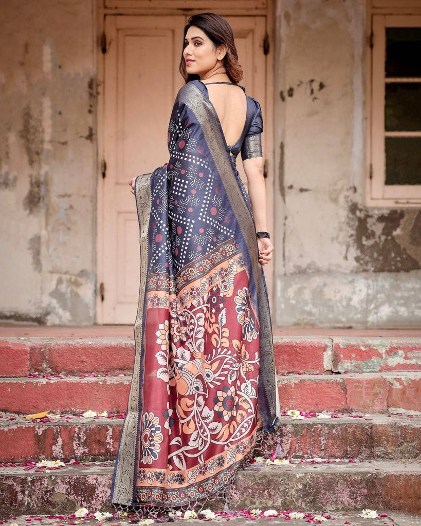 Navy Blue Tussar Silk Saree with Geometric Patterns, Zari Border, and Vibrant Pallu DIGITAL PRINT