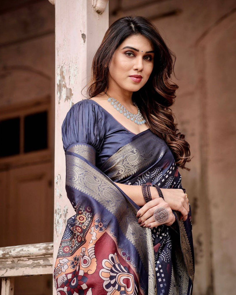 Navy Blue Tussar Silk Saree with Geometric Patterns, Zari Border, and Vibrant Pallu DIGITAL PRINT