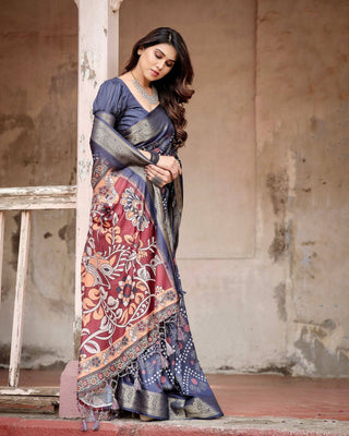 Navy Blue Tussar Silk Saree with Geometric Patterns, Zari Border, and Vibrant Pallu DIGITAL PRINT