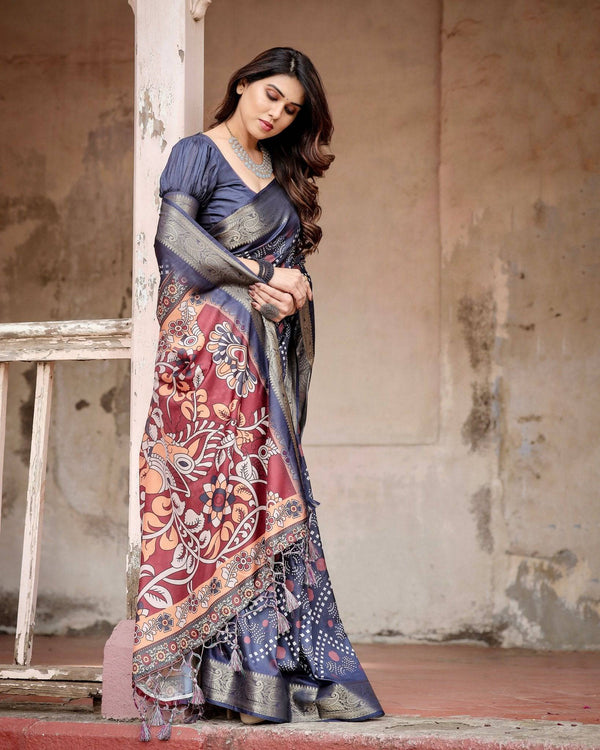 Navy Blue Tussar Silk Saree with Geometric Patterns, Zari Border, and Vibrant Pallu DIGITAL PRINT