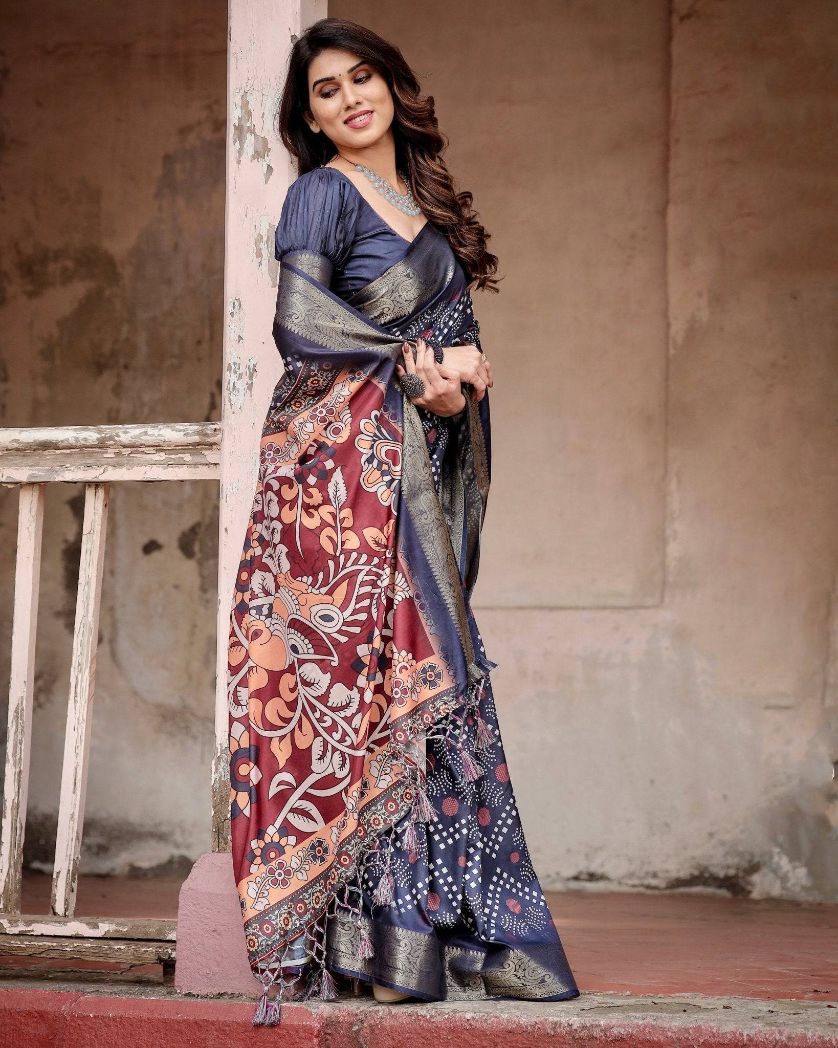 Navy Blue Tussar Silk Saree with Geometric Patterns, Zari Border, and Vibrant Pallu Secondary image