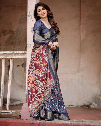 Navy Blue Tussar Silk Saree with Geometric Patterns, Zari Border, and Vibrant Pallu DIGITAL PRINT