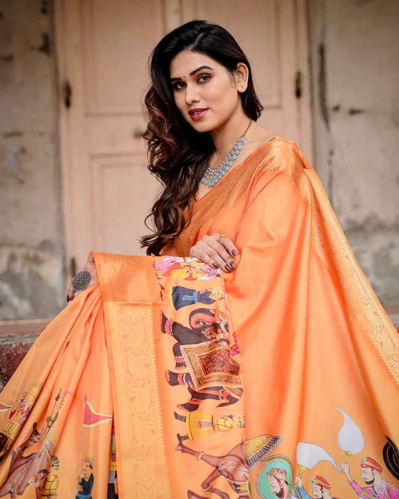 Sunset Orange Tussar Silk Saree with Royal Procession Pallu and Zari Border DIGITAL PRINT