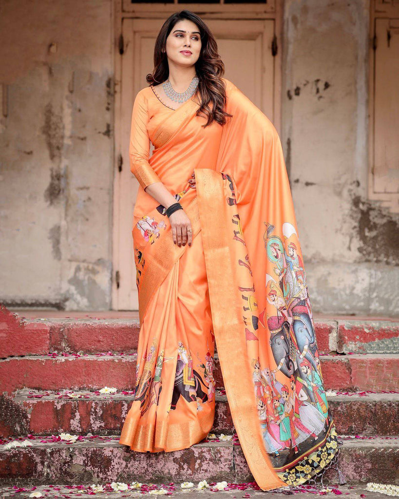 Sunset Orange Tussar Silk Saree with Royal Procession Pallu and Zari Border DIGITAL PRINT