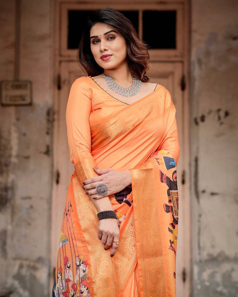 Sunset Orange Tussar Silk Saree with Royal Procession Pallu and Zari Border DIGITAL PRINT