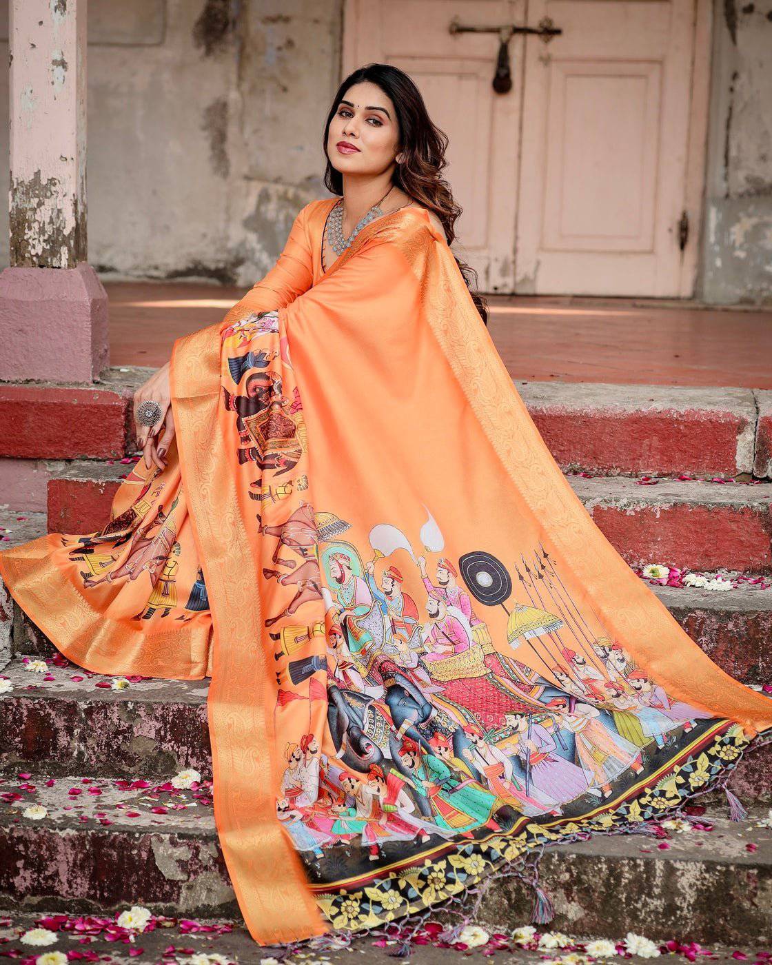 Sunset Orange Tussar Silk Saree with Royal Procession Pallu and Zari Border DIGITAL PRINT