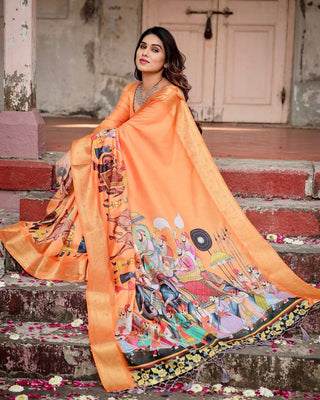 Sunset Orange Tussar Silk Saree with Royal Procession Pallu and Zari Border DIGITAL PRINT
