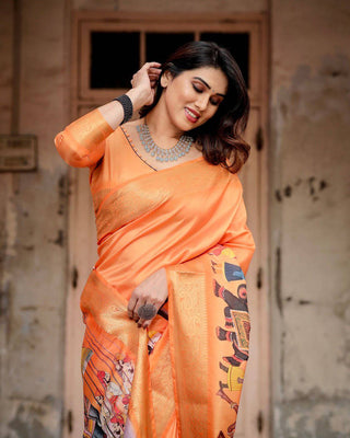 Sunset Orange Tussar Silk Saree with Royal Procession Pallu and Zari Border DIGITAL PRINT