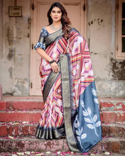 Geometric Multicolor Tussar Silk Saree with Charcoal Gray Zari Border and Abstract Pallu DIGITAL PRINT