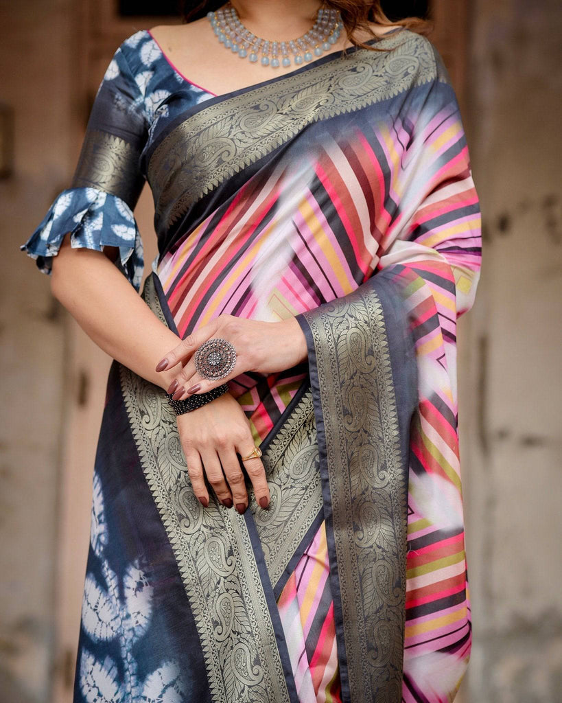 Geometric Multicolor Tussar Silk Saree with Charcoal Gray Zari Border and Abstract Pallu DIGITAL PRINT