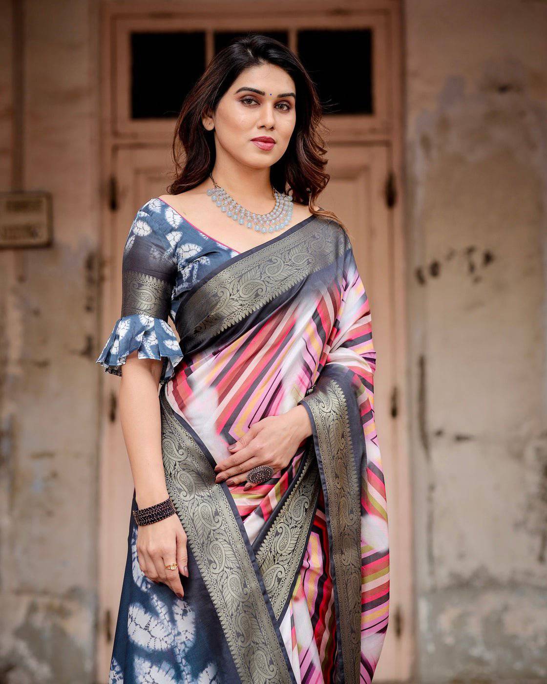 Geometric Multicolor Tussar Silk Saree with Charcoal Gray Zari Border and Abstract Pallu DIGITAL PRINT