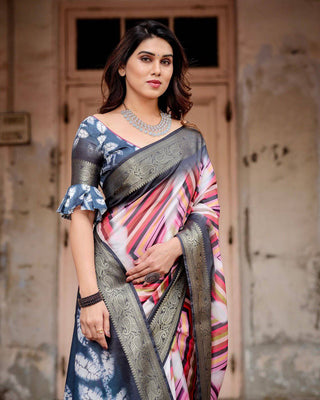 Geometric Multicolor Tussar Silk Saree with Charcoal Gray Zari Border and Abstract Pallu DIGITAL PRINT