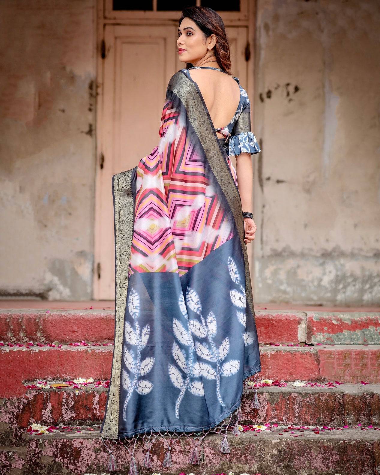 Geometric Multicolor Tussar Silk Saree with Charcoal Gray Zari Border and Abstract Pallu DIGITAL PRINT