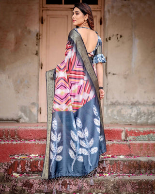 Geometric Multicolor Tussar Silk Saree with Charcoal Gray Zari Border and Abstract Pallu DIGITAL PRINT