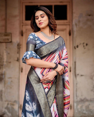 Geometric Multicolor Tussar Silk Saree with Charcoal Gray Zari Border and Abstract Pallu DIGITAL PRINT
