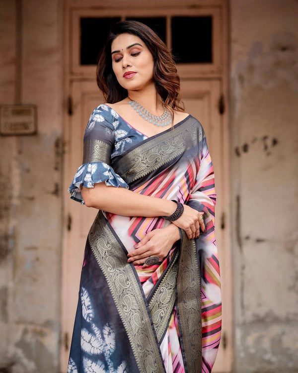 Geometric Multicolor Tussar Silk Saree with Charcoal Gray Zari Border and Abstract Pallu DIGITAL PRINT