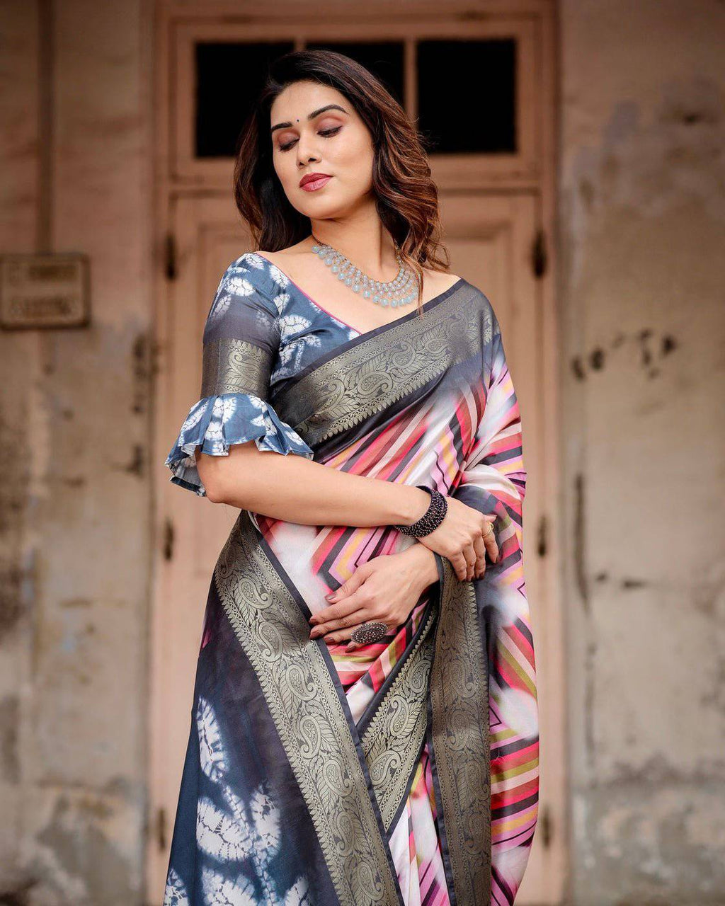 Geometric Multicolor Tussar Silk Saree with Charcoal Gray Zari Border and Abstract Pallu DIGITAL PRINT