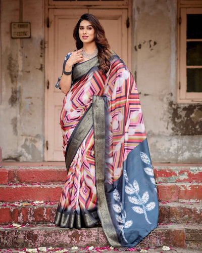 Geometric Multicolor Tussar Silk Saree with Charcoal Gray Zari Border and Abstract Pallu DIGITAL PRINT