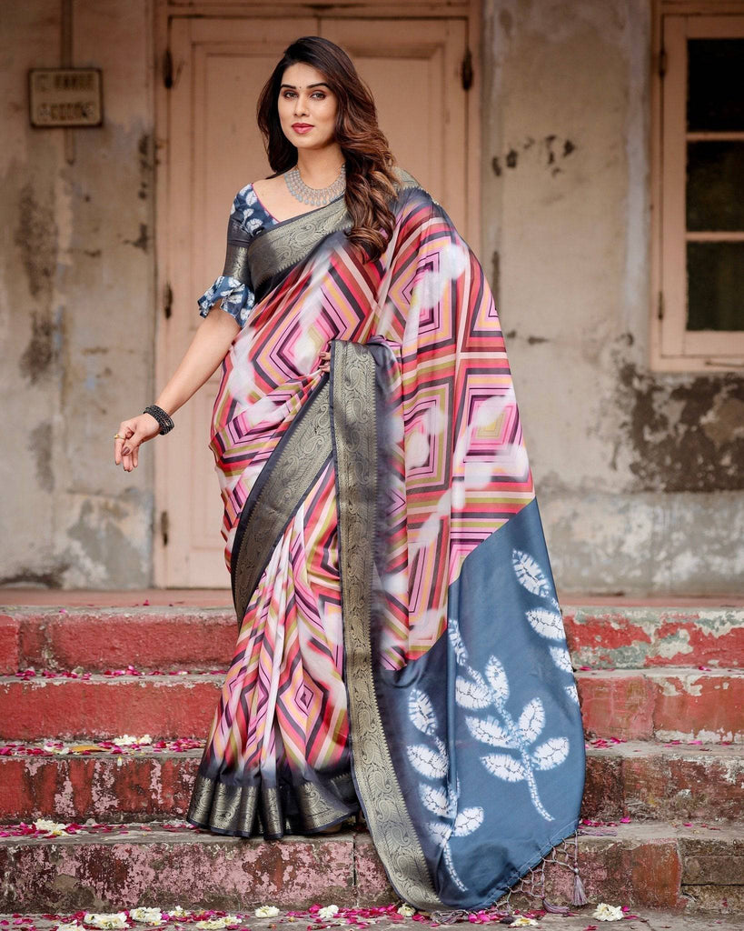 Geometric Multicolor Tussar Silk Saree with Charcoal Gray Zari Border and Abstract Pallu DIGITAL PRINT
