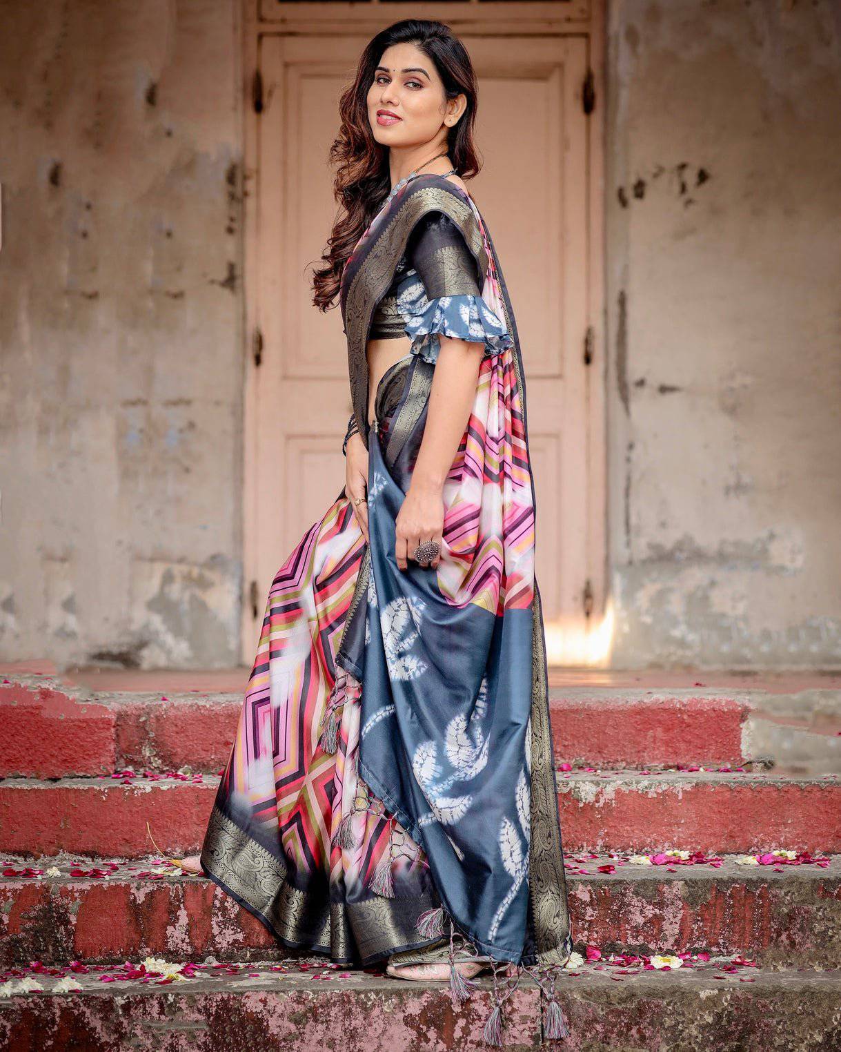 Geometric Multicolor Tussar Silk Saree with Charcoal Gray Zari Border and Abstract Pallu Secondary image