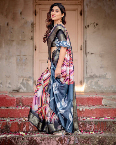 Geometric Multicolor Tussar Silk Saree with Charcoal Gray Zari Border and Abstract Pallu DIGITAL PRINT