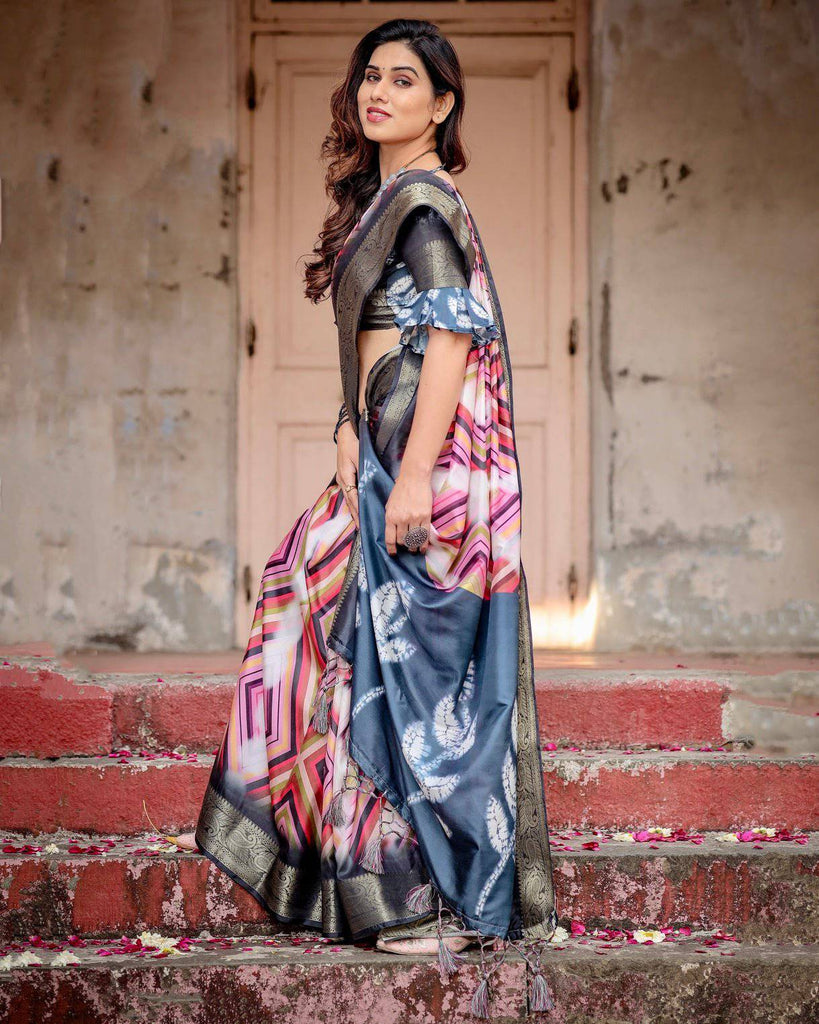 Geometric Multicolor Tussar Silk Saree with Charcoal Gray Zari Border and Abstract Pallu DIGITAL PRINT