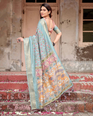 Sky Blue Tussar Silk Saree with Intricate Zari Border and Artistic Pallu Design DIGITAL PRINT