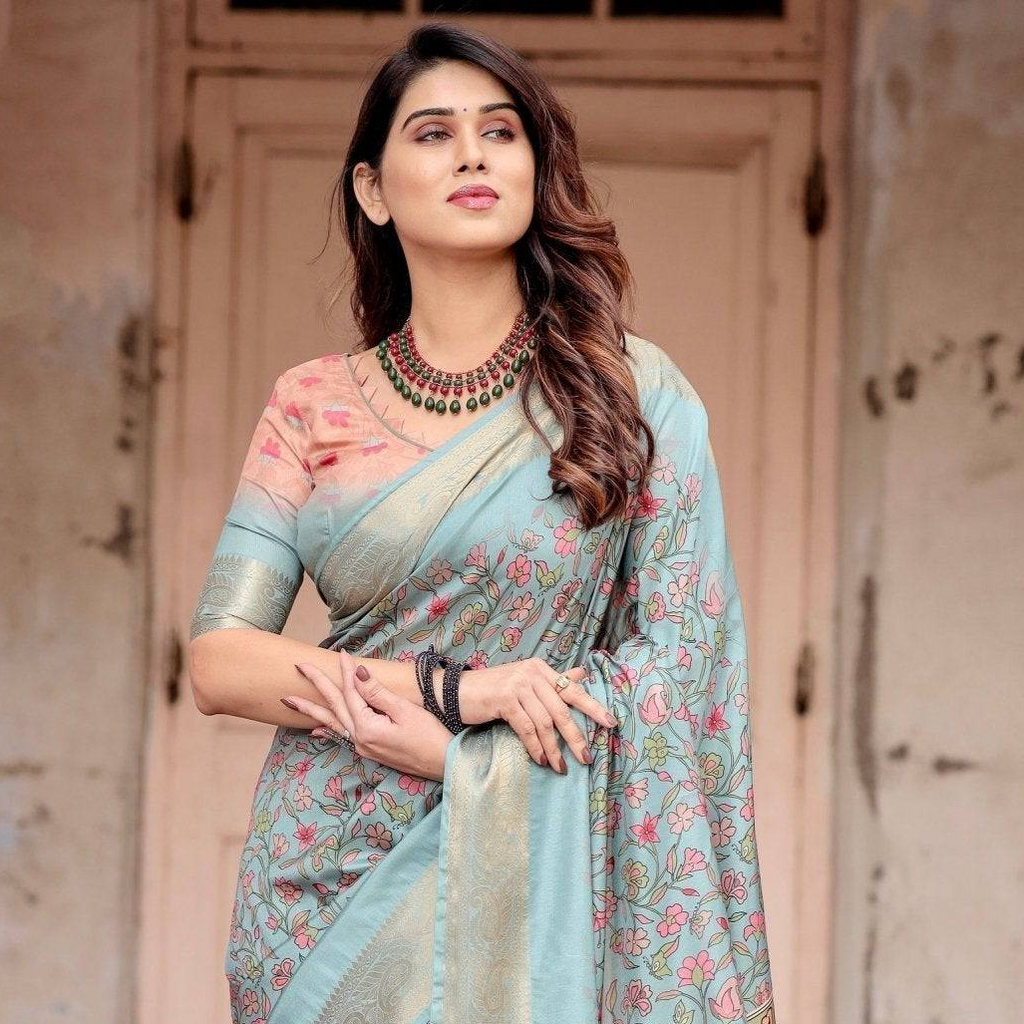 Sky Blue Tussar Silk Saree with Intricate Zari Border and Artistic Pallu Design DIGITAL PRINT