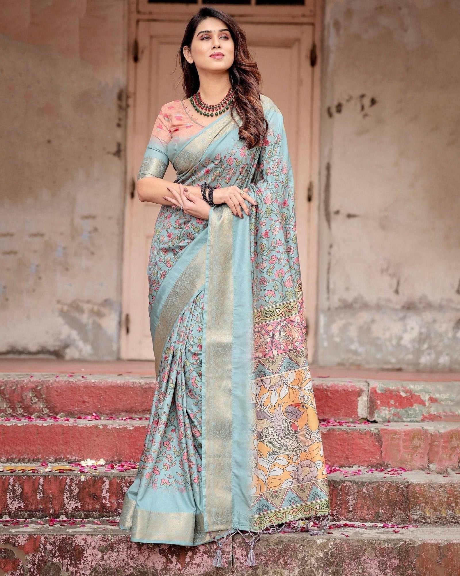 Sky Blue Tussar Silk Saree with Intricate Zari Border and Artistic Pallu Design DIGITAL PRINT