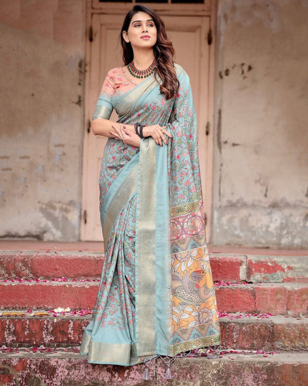 Sky Blue Tussar Silk Saree with Intricate Zari Border and Artistic Pallu Design DIGITAL PRINT