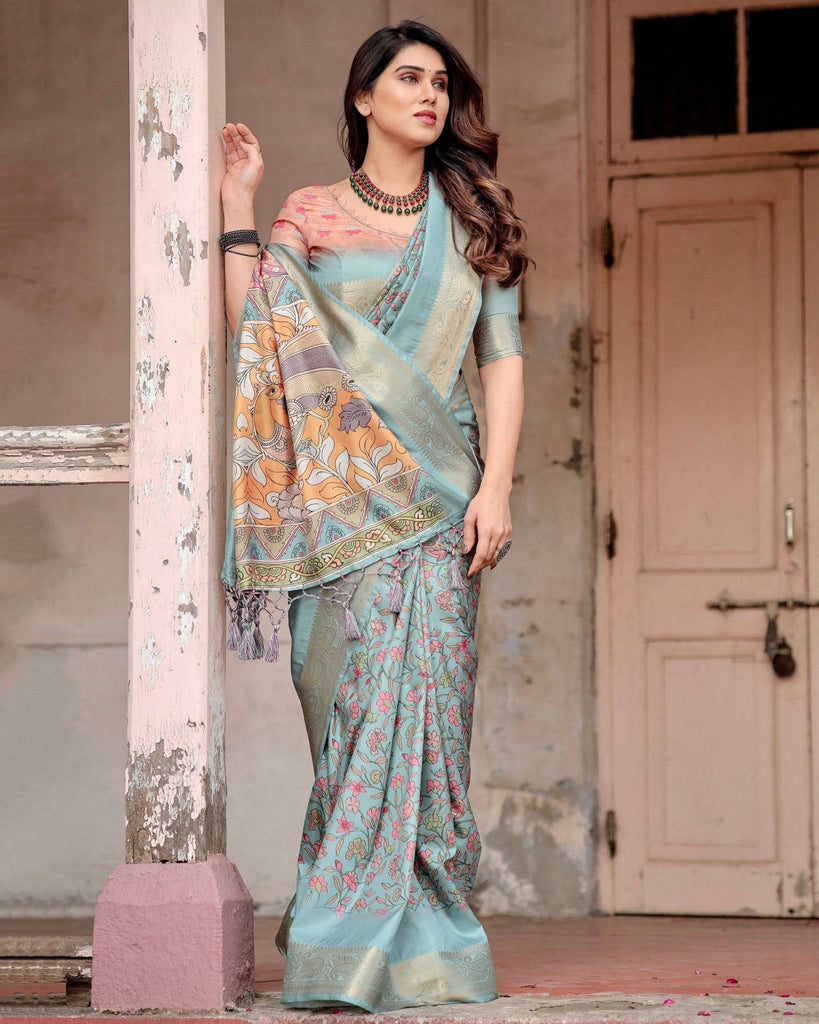 Sky Blue Tussar Silk Saree with Intricate Zari Border and Artistic Pallu Design DIGITAL PRINT