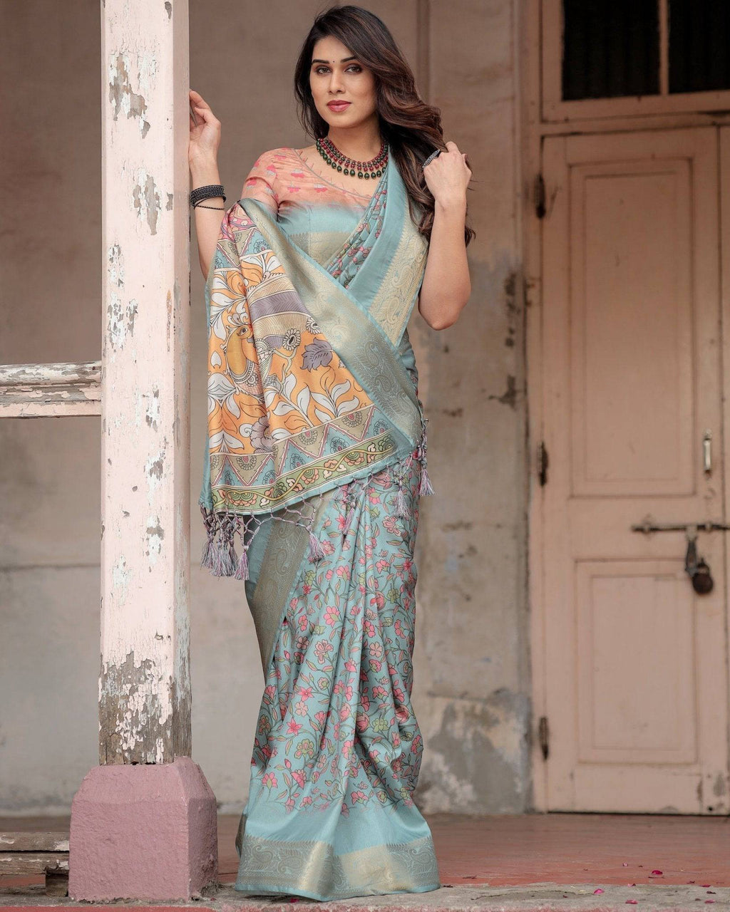 Sky Blue Tussar Silk Saree with Intricate Zari Border and Artistic Pallu Design DIGITAL PRINT