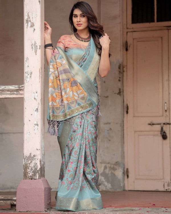 Sky Blue Tussar Silk Saree with Intricate Zari Border and Artistic Pallu Design DIGITAL PRINT